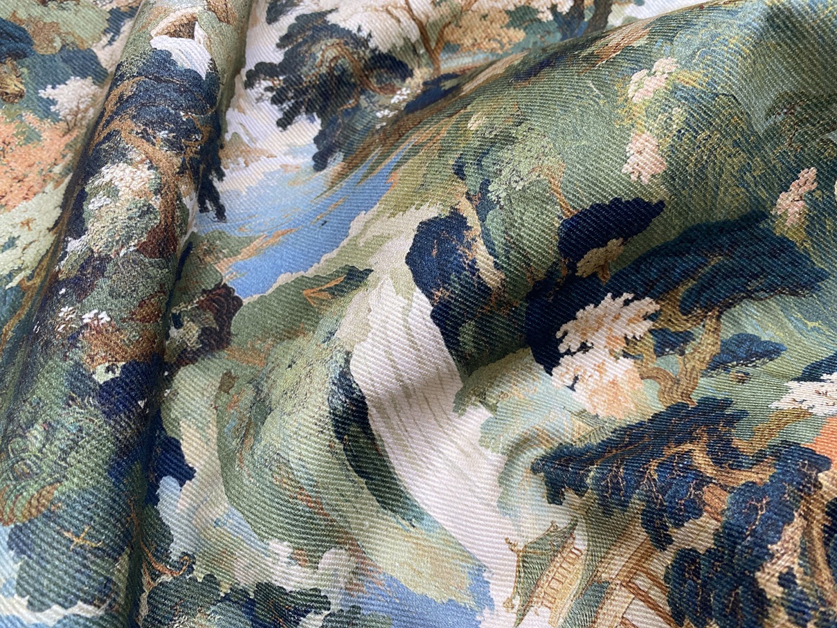 Ткань Джинса бежевого цвета с принтом китайская гравюра 12699 3