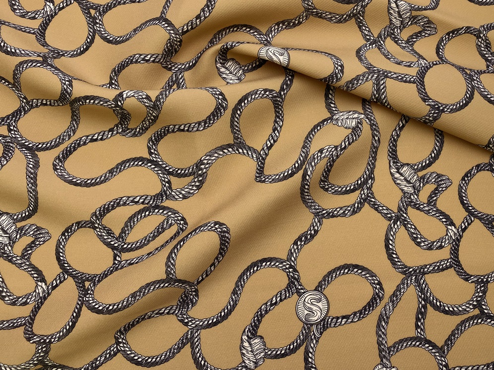 Ткань Платьевая  карамельного цвета с принтом  кант с узлами 29488 2