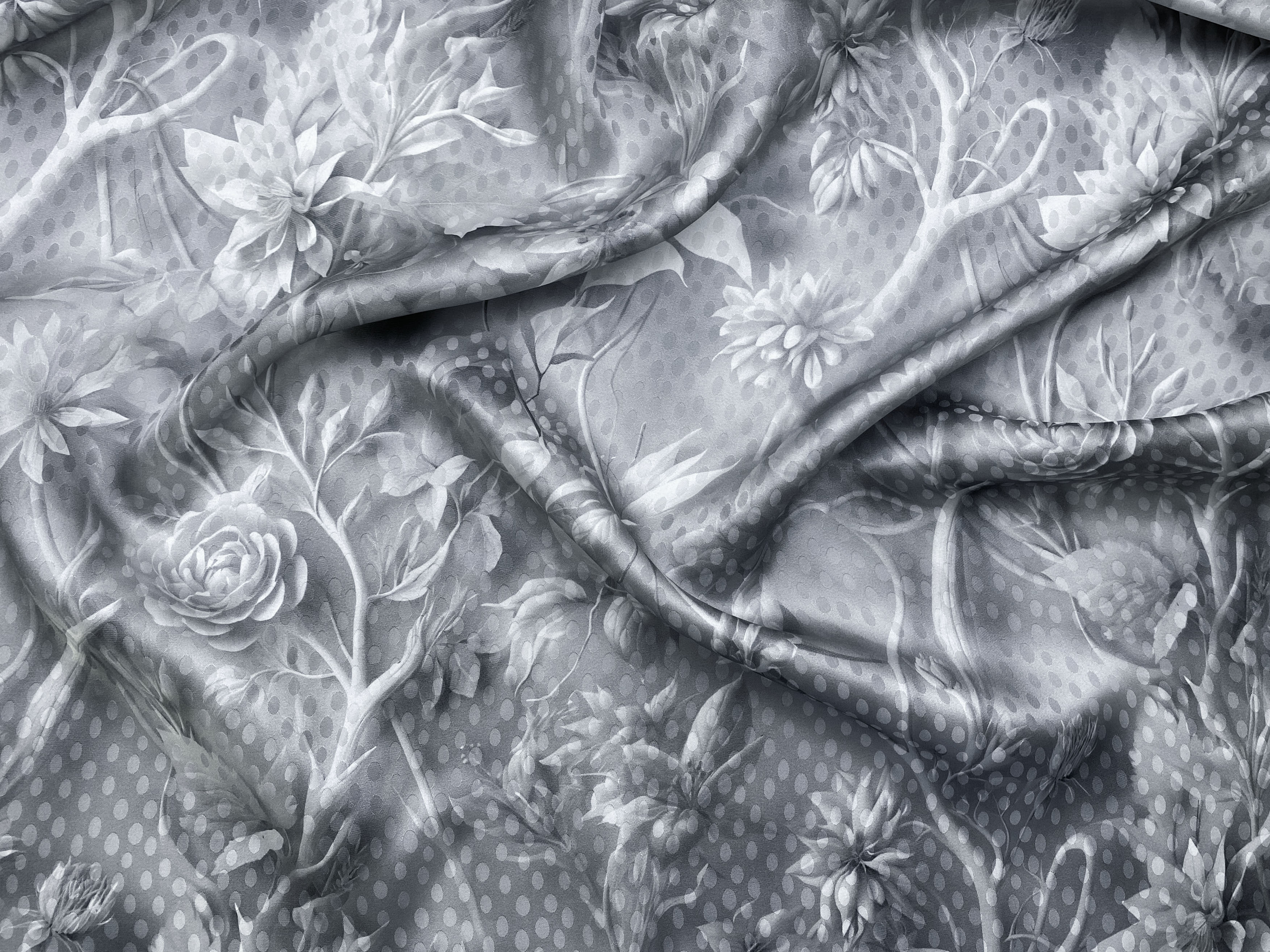 Ткань Шёлк  серого цвета с принтом  цветы , жемчуг 46479 2