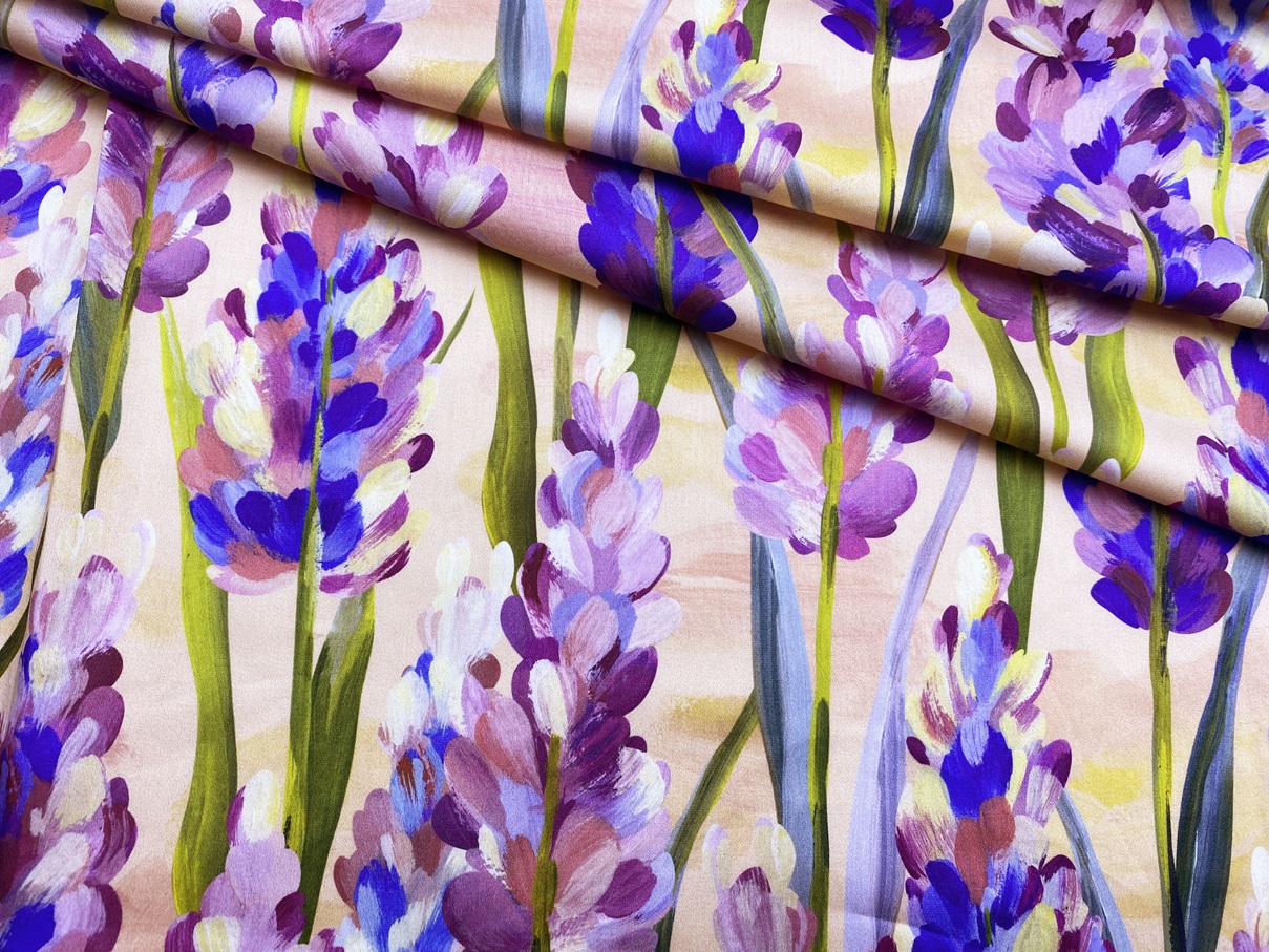 Ткань Хлопок  персикового цвета с принтом  цветы глицинии 14142 1