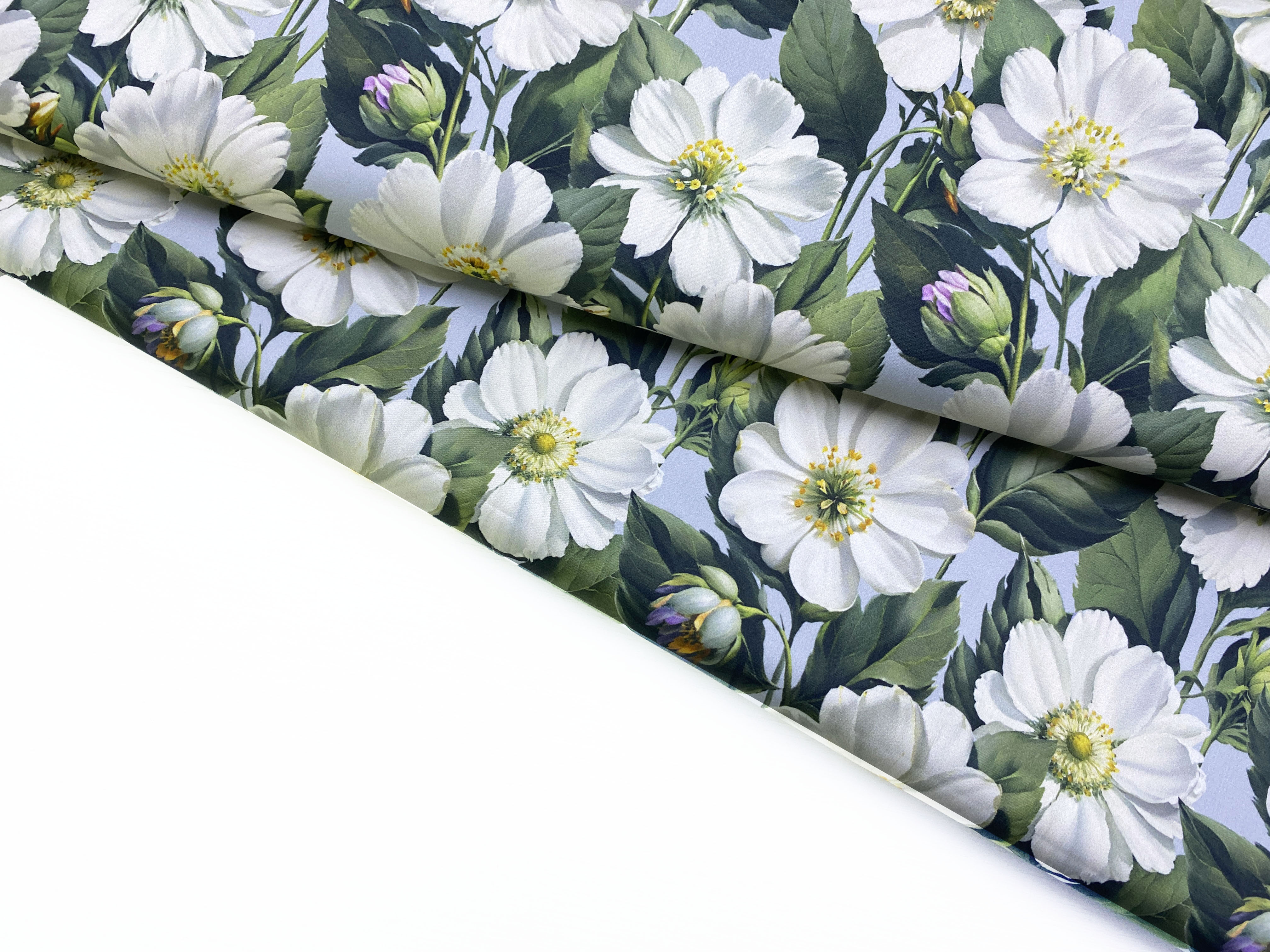 Ткань Хлопок голубого цвета с принтом  белые крупные цветы  14224 4